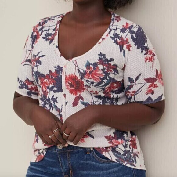 TORRID 0 Plus Size Favorite Tunic Waffle V-Neck Faux Button Front Hi-Lo Floral L - Picture 1 of 13